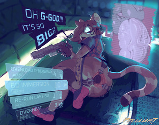 anal anal_penetration anthro anus bottomwear bottomwear_down braindance chastity_bulge chastity_device clothed clothing cybernetics cyberpunk dialogue female fur gameplay_mechanics gaping gaping_anus gun hacking handgun holding_object holding_weapon hologram huge_penetration inside looking_at_viewer machine male male/female malorian_arms_3516_(cyberpunk_2077) mind_control pants pants_down partially_clothed penetration ranged_weapon ridiculous_fit shocked smile solo speech_bubble spreading stretched_anus stretching tail text topwear undressing virtual_reality weapon peculiart cd_projekt_red cyberpunk_2077 helia_peppercats domestic_cat felid feline felis mammal 2022 digital_media_(artwork) english_text hi_res sequence