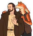 beard blush brown_hair duo facial_hair haillu_(anatomy) hair kissing_cheek male male/male simple_background white_background star_wars star_wars:_the_phantom_menace jar_jar_binks qui-gon_jinn alien amphibian gungan human mammal otolla_gungan