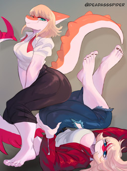 abstract_background anthro barefoot blonde_hair blue_eyes bone_frill bottomwear breasts claws cleavage clothed clothing collared_shirt denim denim_bottomwear denim_clothing dress_shirt duo eyelashes eyewear feet female finger_claws frill_(anatomy) glasses hair jacket jeans long_tail magenta_body magenta_scales multicolored_body multicolored_scales orange_body orange_scales pants pose red_clothing red_jacket red_topwear scales shirt short_hair smile snout spiked_tail spikes spikes_(anatomy) tail teal_eyes text thick_thighs toe_claws toes topwear torn_bottomwear torn_clothing torn_jeans torn_pants two_tone_body two_tone_scales white_body white_scales deadassspider cavemanon_studios goodbye_volcano_high i_wani_hug_that_gator ko_op_(game_developer) snoot_game mia_moretti naomi_(gvh) dinosaur hadrosaurid ornithischian ornithopod parasaurolophus prehistoric_species reptile scalie 2024 absurd_res artist_name digital_drawing_(artwork) digital_media_(artwork) hi_res watermark sibling_(lore) sister_(lore) sisters_(lore)