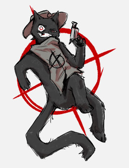 3_toes 4_fingers anthro arms_bent bent_legs biped black_body black_ears black_fur black_tail brown_cowboy_hat brown_kerchief clenched_teeth clothing cowboy_hat crosshair eyebrows fangs feet fingers fur grin grinning_at_viewer gun gunslinger handgun hat hat_only headgear headgear_only headwear headwear_only holding_gun holding_handgun holding_object holding_ranged_weapon holding_revolver holding_weapon insane kerchief kerchief_only long_tail looking_at_viewer male missing_tooth mostly_nude narrowed_eyes pose ranged_weapon red_eyes revolver simple_background smile smiling_at_viewer solo tail teeth teeth_showing toes weapon chira1ity mewgenics zodiac_(mewgenics) domestic_cat felid feline felis mammal 2026 colored digital_drawing_(artwork) digital_media_(artwork) full-length_portrait hi_res portrait