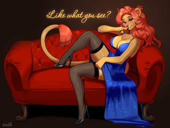 anthro big_breasts black_background black_clothing black_footwear black_shoes blue_clothing blue_dress blush breasts clothing dress female footwear fur furniture furry_tail hair high_heels inner_ear_fluff legs_up legwear long_hair looking_at_viewer red_hair shoes simple_background sofa solo tail text thick_thighs thigh_highs tuft zhadart fan_character felid feline lion mammal pantherine 4:3 english_text hi_res
