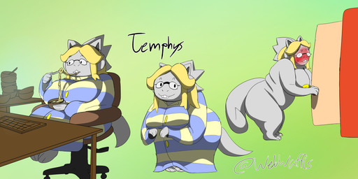 anthro big_breasts big_butt blonde_hair breasts butt chair closet computer desk electronics eyewear female food furniture glasses hair long_tail noodles nude office_chair ramen slightly_chubby slightly_chubby_female solo table tail wetwaffls undertale undertale_(series) temmie_(undertale) temphys_(temmieverse) canid canine felid feline mammal reptile scalie tem absurd_res hi_res