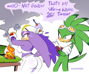 anthro anthro_on_anthro big_breasts big_butt blush bodily_fluids breasts butt dialogue duo feathers female green_body green_feathers male male/female open_mouth purple_body purple_feathers sweat text quavernsfw sega sonic_riders sonic_the_hedgehog_(series) jet_the_hawk wave_the_swallow accipitrid accipitriform avian bird hirundinid oscine passerine swallow_(bird) 2026 english_text hi_res