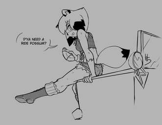 anthro asking asking_viewer biped boots bottle bottomwear breasts butt clothed clothing container cosplay crop_top crossover_cosplay daisy_dukes denim denim_bottomwear denim_clothing denim_shorts dialogue dipstick_tail facial_markings female footwear fur gloves_(marking) grey_background hair head_markings holding_bottle holding_container holding_object hotpants leg_markings looking_at_viewer looking_back looking_back_at_viewer markings mask_(marking) open_mouth open_smile raised_leg rear_view shirt shoes shorts simple_background sitting sitting_on_vehicle small_breasts smile socks_(marking) solo speech_bubble tail tail_markings talking_to_viewer text tied_shirt topwear high5art brand_new_animal jeep studio_trigger ty_the_tasmanian_tiger_(series) michiru_kagemori shazza_the_dingo canid canine mammal raccoon_dog tanuki 2022 crossover digital_drawing_(artwork) digital_media_(artwork) english_text greyscale hi_res monochrome portrait sketch