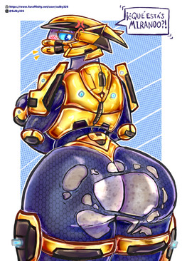 angry armor big_breasts big_butt blue_eyes blush blush_lines bottomwear breasts bubble_butt butt clothed clothing dotted_background female gold_(metal) gold_armor grey_body headgear helmet huge_butt lights looking_at_viewer pants pattern_background simple_background solo speech_bubble techsuit text thick_thighs torn_bottomwear torn_clothing torn_pants wide_hips sulky326 halo_(series) microsoft xbox_game_studios alien mammal sangheili absurd_res digital_media_(artwork) hi_res spanish_text translated