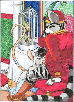 anthro birdcage black_hair black_markings blue_eyes boots bottomless bottomless_anthro bottomless_male clothed clothing duo ear_piercing ear_ring erection fellatio female food footwear fur furniture genitals grey_body grey_fur hair harem harem_outfit hat headgear headwear jewelry male male/female male_penetrating markings mostly_nude mostly_nude_anthro mostly_nude_female open_mouth oral oral_penetration penetration penile penis penis_in_mouth piercing pillow rat_tail ring_(jewelry) ring_piercing sex shirt shoes sitting striped_body striped_fur striped_markings striped_tail stripes table tail tail_markings teeth tongue topwear white_body white_fur terrie_smith hunter_(schnookums) the_sultan_(schnookums) avian bird felid feline mammal murid murine rat rodent 2012