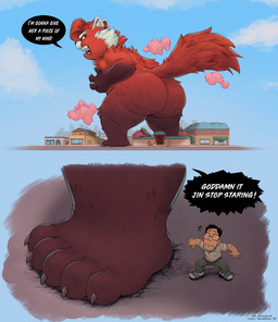 5_toes angry anthro arm_tuft back_tuft bar_emanata big_butt butt cheek_tuft claws clothed clothing dialogue duo elbow_tuft emanata extreme_size_difference eyewear facial_tuft feet female fur glasses grey_background high-angle_view huge_butt husband_and_wife macro male married_couple nude outside rear_view red_body red_fur shoulder_tuft simple_background size_difference standing temple text toe_claws toes tuft silverscarf third-party_edit teaselbone_(colorist) disney pixar turning_red jin_lee_(turning_red) ming_lee_(turning_red) ailurid human mammal red_panda 2022 2025 color_edit colored english_text hi_res