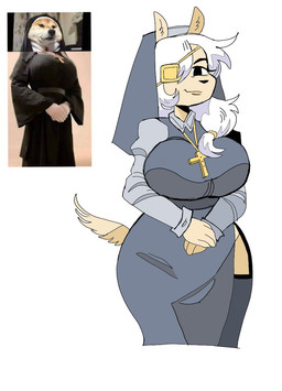 anthro big_breasts black_clothing black_nose breasts christian_symbol clothed clothing cross cross_necklace eye_patch eyewear female fully_clothed fur grey_clothing hair jewelry looking_at_viewer necklace nun nun_outfit religion religious_symbol simple_background smile smug solo tan_body tan_fur white_background white_hair wide_hips puppkittyfan1 christianity yuri_vintovka_(puppkittyfan1) canid canine canis domestic_dog mammal 2022 digital_media_(artwork) hi_res meme