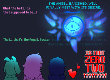 1_eye 2_horns ambiguous_gender anthro black_background blue_body dialogue disembodied_hand female gesture green_body group halo hand_gesture horn humor lyrics male pink_body pointing pointing_at_another shocked simple_background text trio wings starlightshadows deltarune kirby_(series) nintendo undertale_(series) 02_(kirby) kris_dreemurr ralsei susie_(deltarune) angel bovid caprine darkner goat human mammal scalie soul_(undertale) 11:8 2025 digital_drawing_(artwork) digital_media_(artwork) english_text hi_res meme
