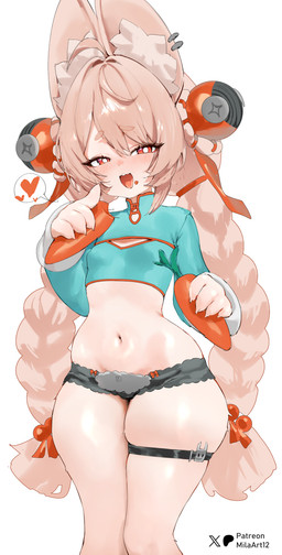 anthro bedroom_eyes blush breasts carrot clothing ear_piercing ear_ring eating eye_through_hair eyebrow_through_hair eyebrows female female_anthro food food_on_face green_clothing green_shirt green_topwear hair heart_symbol holding_carrot holding_food holding_object holding_vegetable inner_ear_fluff looking_at_viewer narrowed_eyes navel open_mouth open_smile piercing pink_eyebrows pink_hair plant ring_piercing screw seductive shirt simple_background small_breasts smile solo speech_bubble standing teeth text thick_thighs tongue topwear translucent translucent_hair tuft upper_teeth_only vegetable white_background wide_hips milaart mihoyo zenless_zone_zero zhao_(zenless_zone_zero) lagomorph leporid mammal rabbit 2026 absurd_res artist_name hi_res