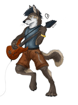 anthro biped bottomwear brown_body brown_fur clothed clothing digitigrade electric_guitar eyes_closed fur grey_body grey_fur guitar male musical_instrument playing_guitar playing_music plucked_string_instrument shirt shorts simple_background solo standing string_instrument tank_top topwear white_background wristband yellow_eyes chasington canid canine canis mammal wolf