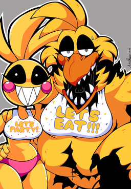 anthro bib_only bodily_fluids breast_size_difference breasts clothed clothed_anthro clothed_female clothing duo female looking_at_viewer machine overweight overweight_anthro overweight_female pink_clothing pink_underwear sharp_teeth smile sweat sweatdrop teeth text text_on_bib underwear white_bib yellow_body ani_cheese five_nights_at_freddy's five_nights_at_freddy's_2 five_nights_at_frickbear's_(series) five_nights_at_frickbear's_3 scottgames toy_chica_(fnaf) toy_chica_(frickbear's) withered_chica_(fnaf) withered_chica_(frickbear's) animatronic avian bird chicken galliform phasianid robot 2026 digital_drawing_(artwork) digital_media_(artwork) english_description english_text hi_res