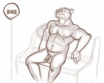 anthro balls bench bodily_fluids body_hair bus_stop foreskin genitals half-erect happy_trail humanoid_genitalia humanoid_penis male muscular muscular_anthro muscular_male nude on_bench penis realistic_penis_size retracted_foreskin slightly_chubby solo sweat thick_penis wolfyama bear mammal sketch