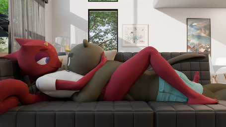 anthro arms_around_partner barefoot bottomwear clothed clothing cuddling duo feet furniture looking_at_another lying_on_another male male/male panties resting_on_partner shirt shorts sofa t-shirt topless topless_male topwear underwear daemont92 animal_crossing nintendo c.j._(animal_crossing) flick_(animal_crossing) beaver chameleon lizard mammal reptile rodent scalie 16:9 absurd_res blender_(artwork) digital_media_(artwork) hi_res widescreen