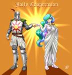 alternate_species armor big_breasts breasts clothed clothing crown dress duo feathers female fist_bump gesture great_helm hair headgear helmet humanized knight long_hair male multicolored_hair not_furry piercing pink_eyes princess royalty tiara warrior pia-sama dark_souls friendship_is_magic fromsoftware hasbro my_little_pony praise_the_sun_(meme) princess_celestia_(mlp) solaire_of_astora human mammal crossover digital_media_(artwork) grandfathered_content hi_res meme