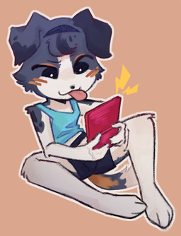 adolescent anthro bottomwear clothed clothing electronics female fur gaming playing_video_game shirt shorts simple_background sitting smile solo tail tank_top tongue tongue_out topwear young young_anthro young_female conditional_dnp pckle game_boy_advance_sp game_boy_family nintendo yza_(viotailed) canid canine canis domestic_dog mammal