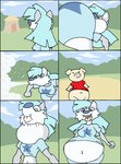 after_vore anthro belly big_belly black_border blue_clothing blue_hair blue_shirt blue_topwear border clothing duo female female_pred hair outside overweight shirt simple_background topwear vore virus-20 wendy_wolf_(virus-20) canid canine canis domestic_pig mammal suid suine sus_(pig) wolf 2023 comic