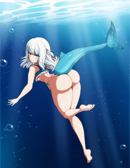 big_butt bikini bikini_thong biped bite_mark bite_taken blue_eyes butt clothed clothing female fin hair looking_at_viewer looking_back notched_fin notched_tail pupils scar shark_tail solo surgical_suture swimwear tail tail_scar thick_thighs three-quarter_view two-piece_swimsuit underwater water white_hair xelsword hololive hololive_en vtuber gawr_gura animal_humanoid aquatic aquatic_humanoid fish fish_humanoid humanoid shark_humanoid absurd_res hi_res