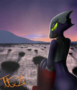 biped bright_eyes butt carapace claws desert detailed_background eyelashes female glistening glowing glowing_eyes green_eyes half-closed_eyes looking_at_viewer narrowed_eyes pupils purple_body purple_scales purple_skin rear_view scales shadow slit_pupils smile solo standing sunset trialtrex21 alien antaerian reptile scalie 2019 digital_drawing_(artwork) digital_media_(artwork) hi_res