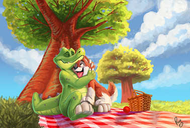ambiguous_feral ambiguous_gender anthro basket brown_body brown_fur closed_smile cloud container duo eyes_closed fangs feral fur grass green_body happy head_spikes hug logo male male_anthro mouth_closed nude open_mouth open_smile picnic plant sitting smile spiked_tail spikes spikes_(anatomy) tail teeth tree white_body white_fur pandapaco canid canine canis crocodile crocodilian domestic_dog mammal reptile scalie artist_logo signature