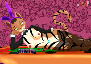 anthro bunny_costume clothing costume eyewear female gree_eyes green_eyes legwear looking_at_viewer lying monocle pantyhose pasties poker poker_chip poker_table smile solo blackreaper_bk201 microsoft the_elder_scrolls knuddelt_baeren felid khajiit mammal hi_res
