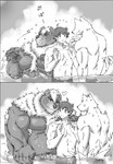 abs anthro belly blush flirting group heart_symbol male male/male musclegut muscular muscular_male partially_submerged pawpads pecs trio water suzuapi2 lifewonders tokyo_afterschool_summoners kimun_kamui_(tas) protagonist_(tas) twink_protagonist_(tas) bear canid canine human mammal comic monochrome