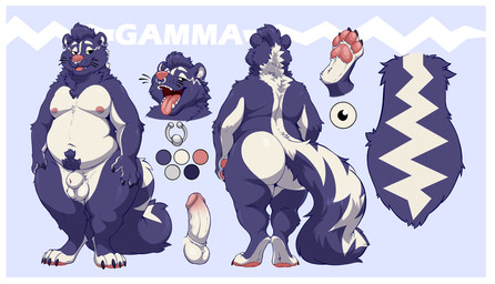 4_fingers 4_toes animal_genitalia anthro areola balls belly big_butt biped black_claws black_finger_claws black_toe_claws blue_background blue_body blue_fur blue_hair blue_pubes border butt claws color_swatch countershade_arms countershade_butt countershade_feet countershade_fur countershade_hands countershade_legs countershade_torso countershading digitigrade ear_piercing ear_ring erection eyebrows facial_markings facial_piercing feet finger_claws fingerpads fingers fluffy fluffy_tail front_view fully_sheathed fur genitals glans hair hands_on_own_hips head_markings humanoid_genitalia humanoid_hands humanoid_penis hybrid_genitalia hybrid_penis male male_anthro markings multicolored_body multicolored_fur narrowed_eyes navel nipple_piercing nipple_ring nipples nose_piercing nose_ring nude nude_anthro nude_male open_mouth open_smile overweight overweight_anthro overweight_male pawpads penis piercing pink_areola pink_glans pink_nipples pink_nose pink_pawpads pink_tongue pubes rear_view ring_piercing septum_piercing septum_ring shaft_divide sheath sheathed_humanoid_penis short_hair simple_background skunk_tail smile solo standing striped_back striped_body striped_face striped_fur striped_markings striped_tail stripes tail tail_markings teeth text thick_thighs three-quarter_view toe_claws toes tongue tongue_out two_tone_body two_tone_fur uvula vein veiny_penis whisker_spots whiskers white_balls white_body white_border white_countershading white_eyebrows white_eyelids white_fur white_inner_ear white_markings white_sheath white_stripes wide_hipped_anthro wide_hipped_male wide_hips fatigue_(artist) gamma_(gammagams) mammal mephitid skunk striped_skunk character_name digital_drawing_(artwork) digital_media_(artwork) hi_res model_sheet shaded