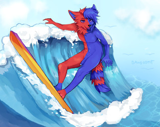 anthro male sea solo surfing water wave dawgvomit canid canine canis coyote mammal