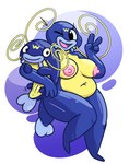 anthro anus areola big_breasts black_eyes blue_background blue_body blue_scales breasts cathy_(junktrashman) duo eyelashes featureless_feet feet female feral generation_3_pokemon genitals gesture hand_gesture hi_res junkbag looking_at_viewer navel nintendo nipples nude one_eye_closed open_mouth open_smile pink_areola pink_nipples pokemon pokemon_(species) pussy scales simple_background slightly_chubby smile thick_thighs v_sign whiscash white_background wide_hips wink winking_at_viewer yellow_body yellow_scales