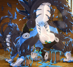 anus ass_up balls big_butt black_body black_feathers black_fur blue_anus blue_body blue_claws blue_cum blue_eyes blue_fur blue_pawpads bodily_fluids bucket butt claws colored_cum container cum cum_in_bucket cum_in_container erection feathers feral fur genital_fluids genitals loose_anus male pawpads perineum puffy_anus raised_tail solo tail unusual_bodily_fluids unusual_cum unusual_genital_fluids white_body white_fur anora_drakon mythology dragon furred_dragon furred_scalie mythological_creature mythological_scalie scalie hi_res