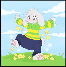 3_toes 4_fingers ambiguous_gender anthro barefoot black_border blue_bottomwear blue_clothing blue_jeans blue_pants blush blush_lines bodily_fluids border bottomwear claws clean_diaper clothed clothing cloud denim denim_bottomwear denim_clothing diaper diaper_puff diaper_under_clothing feet finger_claws fingers flesh_fang floppy_ears flower flying_sweatdrops fur grass jeans multicolored_clothing multicolored_sweater multicolored_topwear outside outstretched_arms pants pattern_clothing pattern_sweater pattern_topwear pawpads pink_pawpads plant sky solo striped_clothing striped_sweater striped_topwear stripes sweat sweatdrop sweater tail three-quarter_view toes topwear two_tone_clothing two_tone_sweater two_tone_topwear walking wearing_diaper white_body white_claws white_ears white_finger_claws white_fur white_tail wobbling yellow_flower jupiters undertale undertale_(series) asriel_dreemurr bovid caprine goat mammal monster absurd_res full-length_portrait hi_res portrait male_(lore)