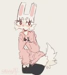 ambiguous_gender anthro blush blush_lines clothing dress hoodie legwear pink_clothing pink_dress pink_hoodie pink_topwear simple_background small_tail solo stockings tail topwear white_body white_tail squawq 18kb_bnnuy lagomorph leporid mammal rabbit low_res