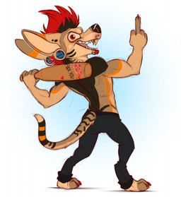 5_fingers abs anthro biceps black_bottomwear black_clothing black_hair black_nose black_pants bottomwear claws clothed clothing ear_piercing fangs fingers fur gesture hair hand_gesture holding_object male middle_finger mohawk multicolored_body multicolored_fur multicolored_hair muscular open_mouth pants piercing pink_tongue pose red_claws red_eyes red_hair simple_background snout solo tail teeth tongue toony topless two_tone_hair mimi-fox canid canine canis domestic_dog mammal 2022 colored_sketch digital_drawing_(artwork) digital_media_(artwork) flat_colors hi_res shaded sketch