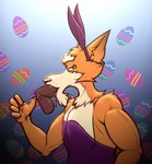 anthro anthro_penetrated athletic athletic_anthro athletic_male balls bedroom_eyes blue_background bodily_fluids candy chocolate clothed clothing dessert easter_egg egg erection eyebrows fake_ears fake_rabbit_ears food food_fetish fur genitals holding_food holding_object holidays humanoid_genitalia humanoid_penis leotard looking_at_viewer male male_penetrated masturbation mature_anthro mature_male narrowed_eyes oral oral_masturbation oral_penetration pattern_background penetration penis saliva seductive simple_background solo sucking suggestive suggestive_food tuft daxhush easter daniel_thompson canid canine fox mammal 2024 trans_(lore) trans_man_(lore)