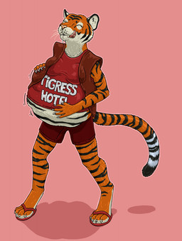 4_toes 5_fingers anthro bottomwear breasts claws clothed clothing dipstick_tail feet female fingers footwear fur inner_ear_fluff markings multicolored_body multicolored_fur orange_body orange_fur pink_background pink_nose red_tongue sandals shirt shoes shorts simple_background solo stripes tail tail_markings text text_on_clothing toes tongue tongue_out topwear tuft vest vore walking whiskers white_claws white_inner_ear_fluff strega felid mammal pantherine tiger english_text hi_res shaded