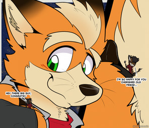 anthro black_nose clothing duo extreme_size_difference eyewear fingerless_gloves fur glasses gloves green_eyes handwear looking_at_another macro male orange_body orange_fur red_clothing red_shirt red_topwear shirt size_difference smile t-shirt text topwear wearing_glasses whiskers solacelunis nintendo star_fox fox_mccloud canid canine fox mammal 2026 digital_drawing_(artwork) digital_media_(artwork) english_text hi_res sequence signature