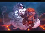 animal_genitalia anthro balls black_body blush bodily_fluids clenched_teeth cum cum_splatter drooling duo erection foot_on_knee genital_fluids genital_slit genitals hair hands_behind_back humanoid_genitalia humanoid_penis kneeling male male/male muscular penetration penile penile_penetration penis penis_in_slit red_hair sackless saliva slit_penetration slit_play teeth urethral urethral_penetration white_body kazhijun mythology ao_guang dragon eastern_dragon mythological_creature mythological_scalie scalie hi_res