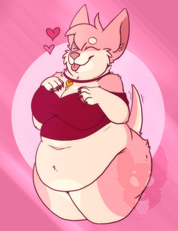 anthro belly belly_overhang biped blep clothed clothing collar eyes_closed female female_anthro fur happy heart_reaction heart_tag navel off_shoulder overweight overweight_anthro overweight_female pantsless pantsless_anthro pantsless_female partially_clothed partially_clothed_anthro partially_clothed_female pink_body pink_fur red_clothing red_collar red_shirt red_topwear shirt solo tongue tongue_out topwear strawberrymilkdog taffy_(strawberrymilkdog) canid canine canis chihuahua domestic_dog mammal toy_dog 2021 hi_res