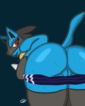 anthro bent_over big_butt bodily_fluids bottomwear bottomwear_down butt clothed clothing female genitals looking_back pants pants_down partially_clothed presenting presenting_hindquarters presenting_pussy pussy shorts shorts_down simple_background smile solo sweat sweatdrop sweaty_butt jaed nintendo pokemon generation_4_pokemon lucario pokemon_(species) 4:5 hi_res