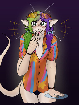 6_fingers anthro bracelet clothed clothing ear_piercing ear_ring eyewear fingers freckles glasses green_hair hair happy jewelry looking_at_viewer male multicolored_hair nails piercing purple_hair ring_piercing shirt smile solo tail tinted_glasses tongue tongue_out topwear two_tone_hair whiskers kawattame voices_of_the_void ludano_onaeh alien ariral 3:4 colored hi_res shaded