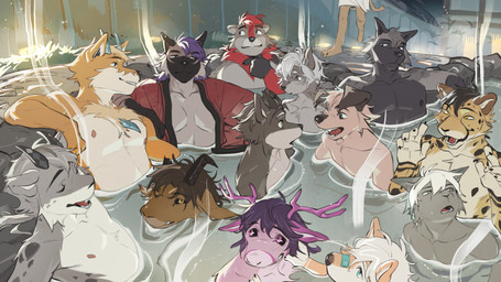 2_horns 3_horns anthro athletic athletic_anthro athletic_male big_muscles biped black_body black_eyes black_fur blue_eyes blue_horn brown_body brown_fur chest_horn eyes_closed floppy_ears fur grey_body grey_fur group hair horn hot_spring male multi_horn muscular muscular_anthro muscular_male nude_anthro nude_male onsen pink_sclera purple_body purple_fur red_body red_fur slim_anthro slim_male water white_body white_fur white_hair yellow_body yellow_eyes yellow_fur yellow_sclera hemuchang autumn_(outumn) nonas_99 shin_(hemuchang) bovid bovine canid canine canis cattle deer domestic_dog felid fox leopard mammal mustelid otter pantherine platinum_fox red_fox snow_leopard true_fox wolf 16:9 2025 character_request hi_res widescreen
