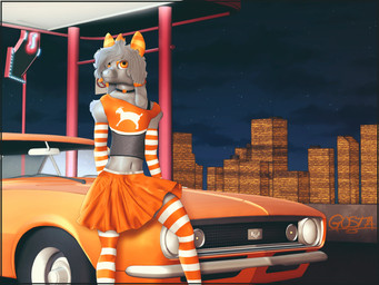 anthro armwear bottomwear car choker city cityscape clothed clothing crop_top crossdressing elbow_gloves femboy fishnet_tank_top floppy_ears fur gas_station gloves grey_body grey_fur hair handwear heart_choker horn jewelry legwear male necklace night orange_armwear orange_bottomwear orange_car orange_clothing orange_crop_top orange_elbow_gloves orange_eyes orange_gloves orange_handwear orange_horn orange_shirt orange_skirt orange_topwear pattern_armwear pattern_clothing pattern_elbow_gloves pattern_gloves pattern_handwear pattern_legwear pattern_thigh_highs shirt sitting skirt solo striped_armwear striped_clothing striped_elbow_gloves striped_gloves striped_handwear striped_legwear striped_thigh_highs stripes thigh_highs topwear vehicle conditional_dnp gusta chevrolet_camaro gusta_(gusta) bovid caprine goat mammal hi_res