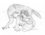 anthro arania blush bottomwear breast_grab breasts canid canine canis claws clothed clothing duo female fur hair hand_on_breast human licking male mammal monochrome mythological_canine mythological_creature mythology open_mouth sketch skirt smile tongue tongue_out were werecanid werecanine werewolf wolf