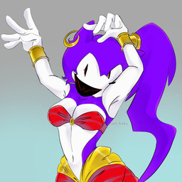 anthro black_eyes black_teeth blue_background bottomwear bracelet breasts cleavage clothed clothing cosplay ear_piercing ear_ring female fur grey_background hair jewelry looking_at_viewer navel piercing ponytail purple_body purple_fur red_bottomwear red_clothing red_topwear ring_piercing sharp_teeth simple_background small_breasts smile solo teeth topwear white_body white_fur wide_hips sanikuku creepypasta needlem0use_(analogue_horror) sega shantae_(series) sonic.exe_(creepypasta) sonic_the_hedgehog_(series) wayforward fan_character sarah_(needlemouse) shantae sonic_the_hedgehog eulipotyphlan hedgehog mammal 1:1 hi_res