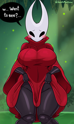 anthro big_breasts black_body blush bottomless breasts clothed clothing dialogue female looking_at_viewer red_clothing solo speech_bubble text white_body jasminthemanticore hollow_knight_(franchise) team_cherry hornet_(hollow_knight) arthropod humanoid insect 2025 absurd_res english_text hi_res