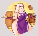 anthro apron apron_only big_breasts breasts cleavage clothed clothing eyelashes eyeshadow fangs female floppy_ears food fur gloves grey_background handwear holding_food holding_object horn lop_ears makeup mature_female pastry pie purple_apron purple_clothing purple_eyes purple_eyeshadow red_clothing red_gloves red_handwear simple_background smile solo teeth thick_thighs white_body white_fur white_horn wide_hipped_female wide_hips mosunoru undertale undertale_(series) toriel boss_monster_(undertale) bovid caprine goat mammal absurd_res hi_res