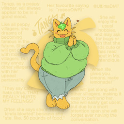 anthro barefoot belly big_belly blue_bottomwear blue_clothing blue_jeans blue_pants blush blush_stickers bottomwear clasped_hands clothing crossed_legs curled_tail denim denim_bottomwear denim_clothing eyes_closed feet female food front_view fruit green_clothing green_sweater green_topwear happy heart_symbol jeans leaf leaf_hair orange_(fruit) orange_body overweight overweight_anthro overweight_female pants plant plant_hair pseudo_hair smile solo standing sweater tail text text_background tongue tongue_out topwear torn_bottomwear torn_clothing torn_jeans torn_pants turtleneck whiskers wide_hips ultimadmt animal_crossing nintendo tangy_(animal_crossing) domestic_cat elemental_creature felid feline felis flora_fauna food_creature living_fruit mammal 1:1 2025 english_text hi_res watermark