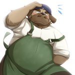 anthro apron blush brown_body brown_fur clothing fur kemono male overweight overweight_anthro overweight_male shirt simple_background solo topwear white_background emufu canid canine canis domestic_dog mammal 1:1 2014