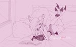 3_toes anthro bed bedroom book bra breasts butt claws clothed clothing feet female fluffy fluffy_tail fur furniture hair long_hair long_tail outline panties reading simple_background skinny solo tail toes topwear underwear wide_hips sleepypinklinx rose_(enderiumdavoc) canid canine canis enderium mammal monster wolf artist_name digital_drawing_(artwork) digital_media_(artwork) hi_res signature sketch