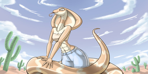 5_fingers abs anthro apode athletic athletic_anthro athletic_female big_tail bottomwear breasts cactus clothed clothing cloud day desert detailed_background female fingers legless long_neck long_tail looking_at_viewer low-angle_view outdoor_nudity outside pants plant serpentine shadow sky solo sun tail tongue tongue_out topwear white_sclera latiar mina_(flying_afro) cobra draconcopode naga reptile scalie snake 2021 2:1 digital_media_(artwork) hi_res